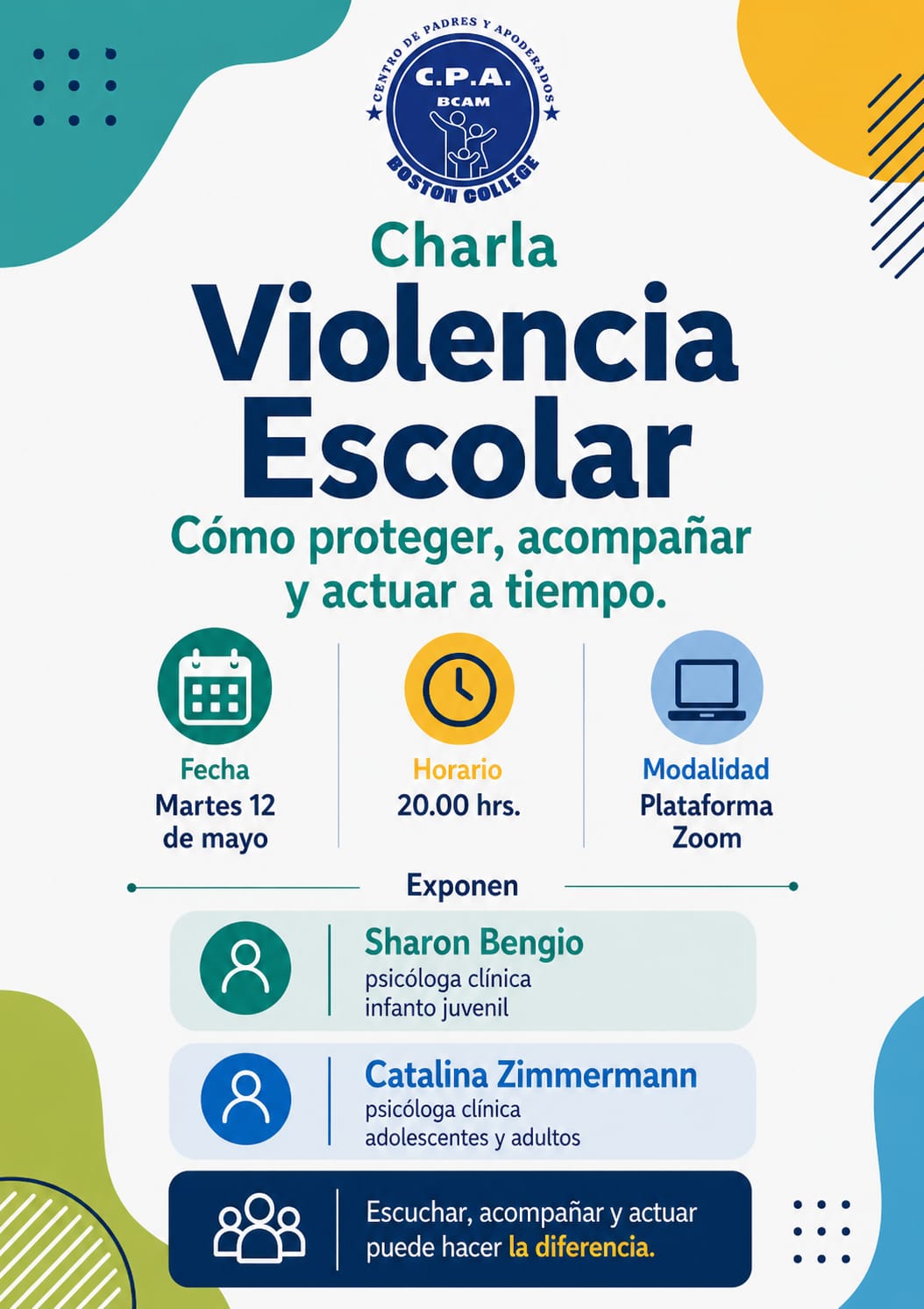 CDP BCAM –  Charla –  “Violencia Escolar: Cómo proteger, acompañar y actuar a tiempo”